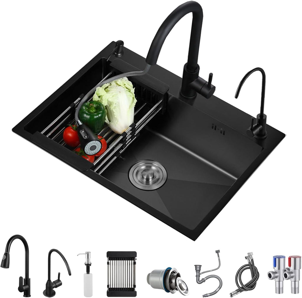 Black Stainless Steel Kitchen Sink, Single Bowl Kitchen Sink, Drop In/Topmount Workstation Sink with Sliding Accessories, Farmhouse Workstation Sink with Multiple Accessories (21.7 x 17.7in)