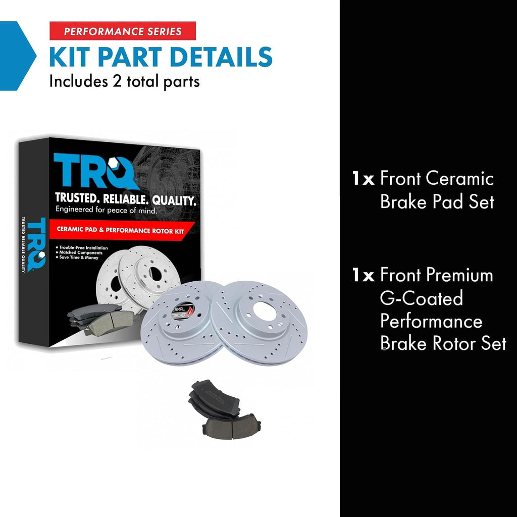 TRQ Performance Front Brake Pad and Rotor Set Ceramic Drilled Slotted Coated Vented Rotors Compatible with 2006-2012 Ford Fusion 2006 Lincoln Zephyr 2007-2012 MKZ 2006-2011 Mercury Milan