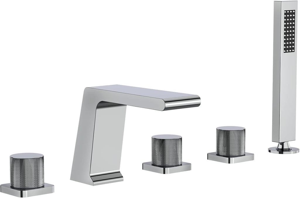 Bathtub Faucet Set with 3 Handle, Deck Mount 5 Hole Roman Waterfall Spout Bath Tub Faucet with Valve, Chrome
