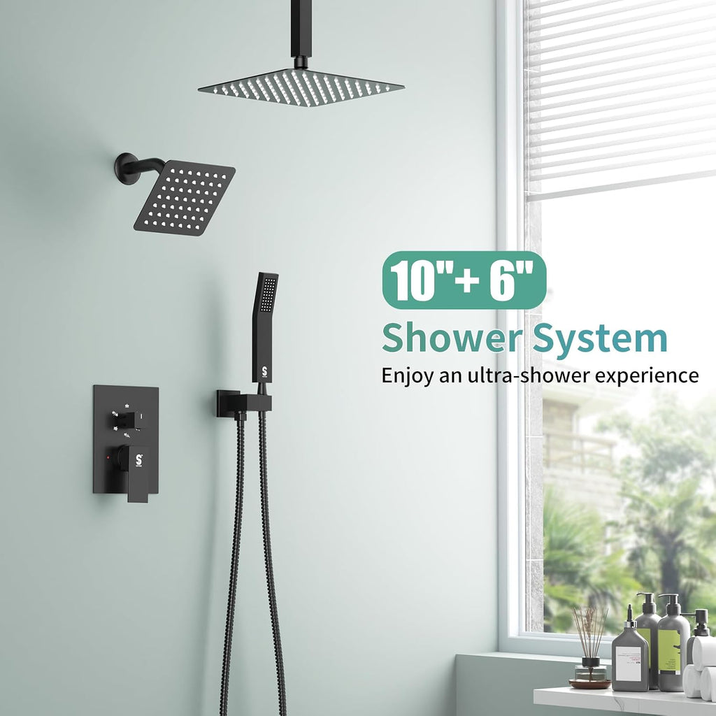 Shower Faucet Set Shower System - SR SUN RISE Matte Black Shower Trim Kit with Dual Shower Head, 10'' Ceiling Rainfall 6'' Wall Mount with Handheld Shower for Couples, Complete 6 Diverter Valve