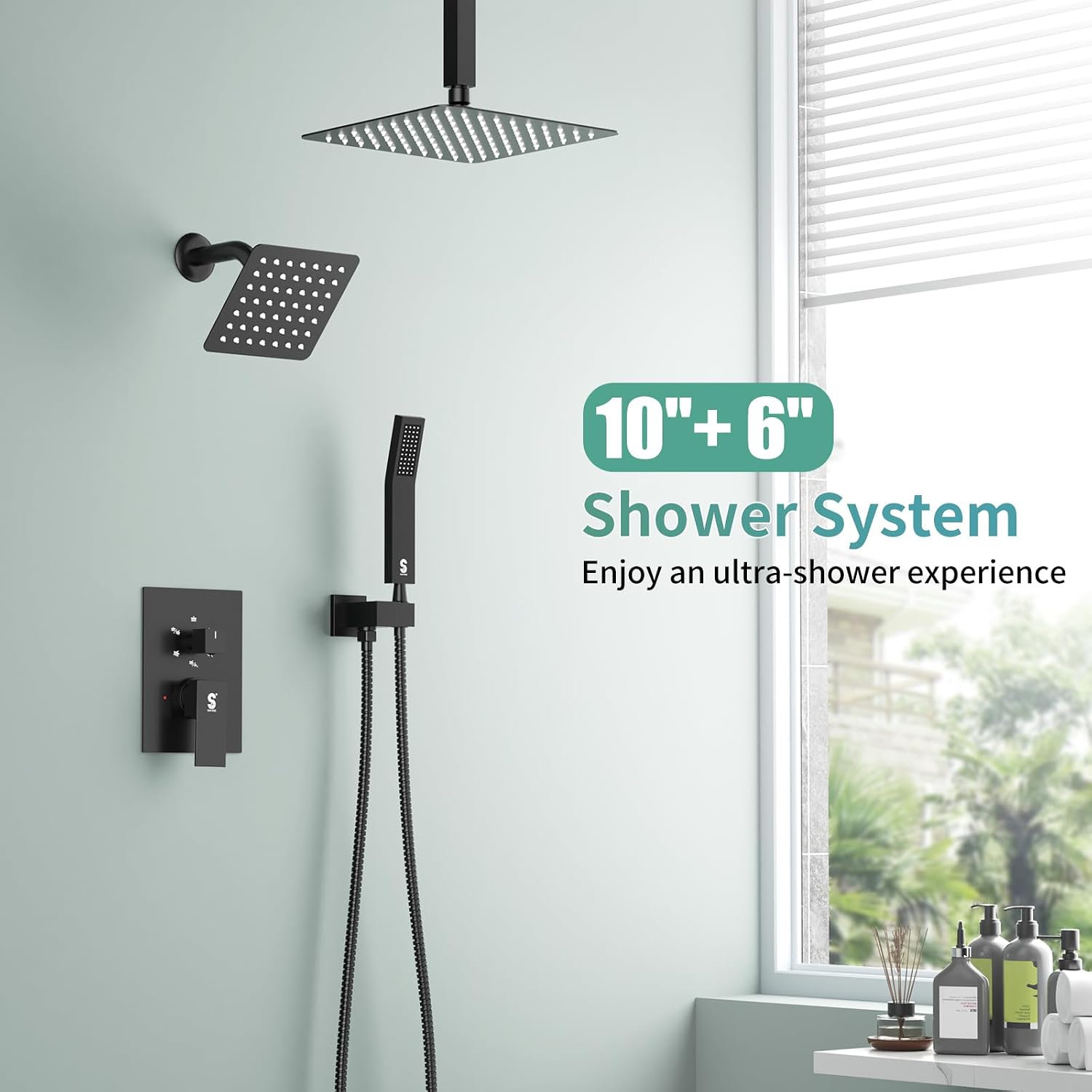 Shower Faucet Set Shower System - SR SUN RISE Matte Black Shower Trim Kit with Dual Shower Head, 10'' Ceiling Rainfall 6'' Wall Mount with Handheld Shower for Couples, Complete 6 Diverter Valve