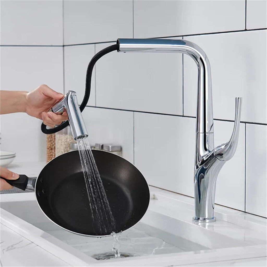 Kitchen Faucet Pull Out Single Lever Brass Rotation Hot and Cold Water Saving Decked Sink Mixer Tap(Chrome)