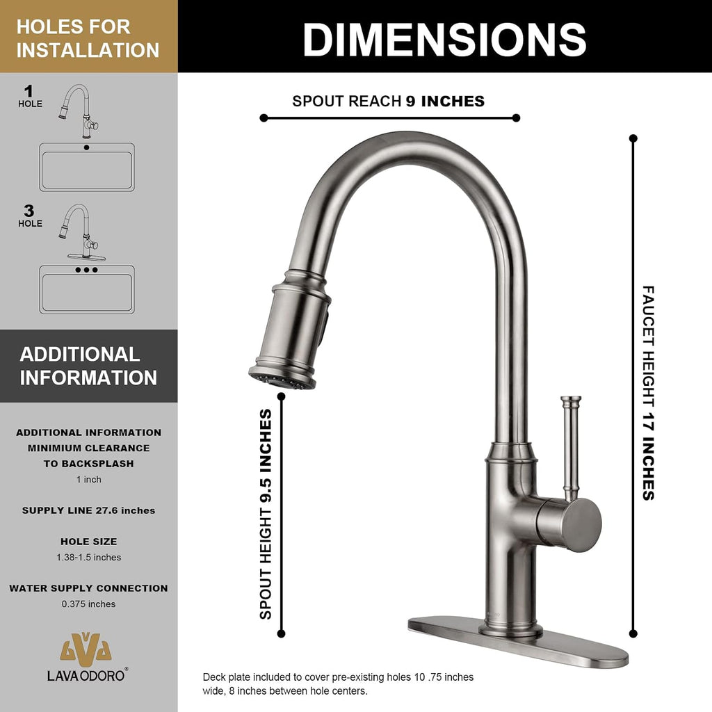 Lava Odoro Curtura Brushed Nickel Kitchen Faucet with Pull Down Sprayer, Brass Kitchen Sink Faucet Single Handle Pull-Down Kitchen Faucet for Sink 1 Hole and 3 Hole, Deck Plate Included, KF421-BN