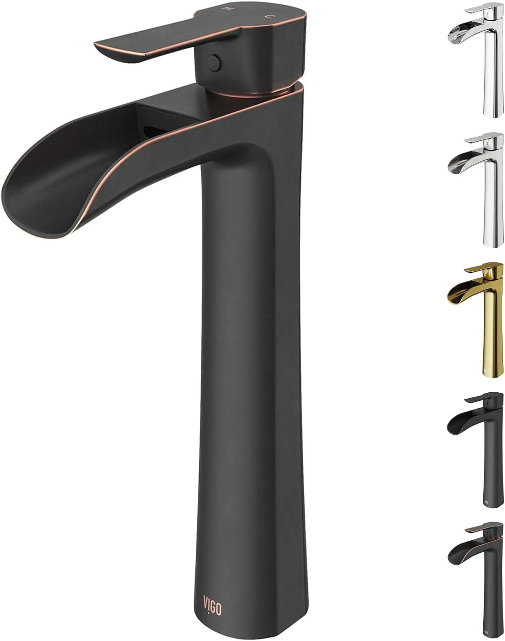 VIGO Niko Waterfall Single-Handle Single-Hole Mount Vessel Bathroom Sink Faucet, 11-Inch, Antique Rubbed Bronze, Modern Design, Solid Brass, 1.2 GPM WaterSense & Ceramic Disc Valve - VG03024ARB2