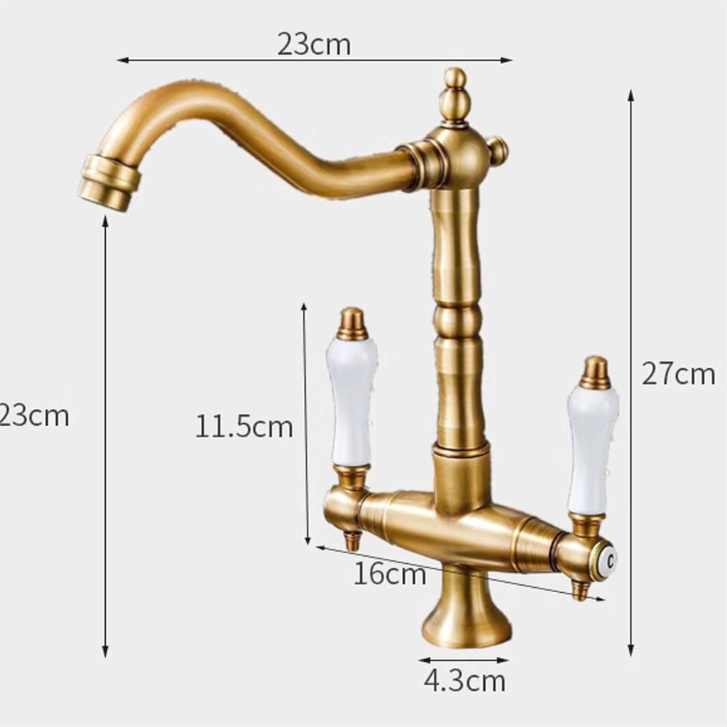 All Copper Retro European Kitchen Faucet Double Handle Hot and Cold Rotating Faucet(Gold)
