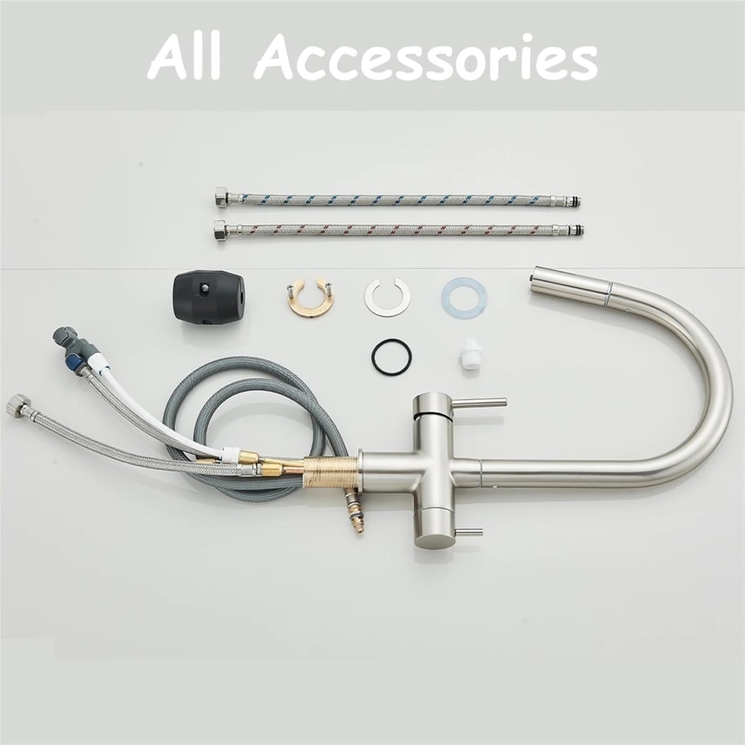Kitchen Faucet Pure Water Pull Out 360 Rotation Hot and Cold Water Mixer Tap Dual Handle Deck Mounted Sink Crane(Chrome)