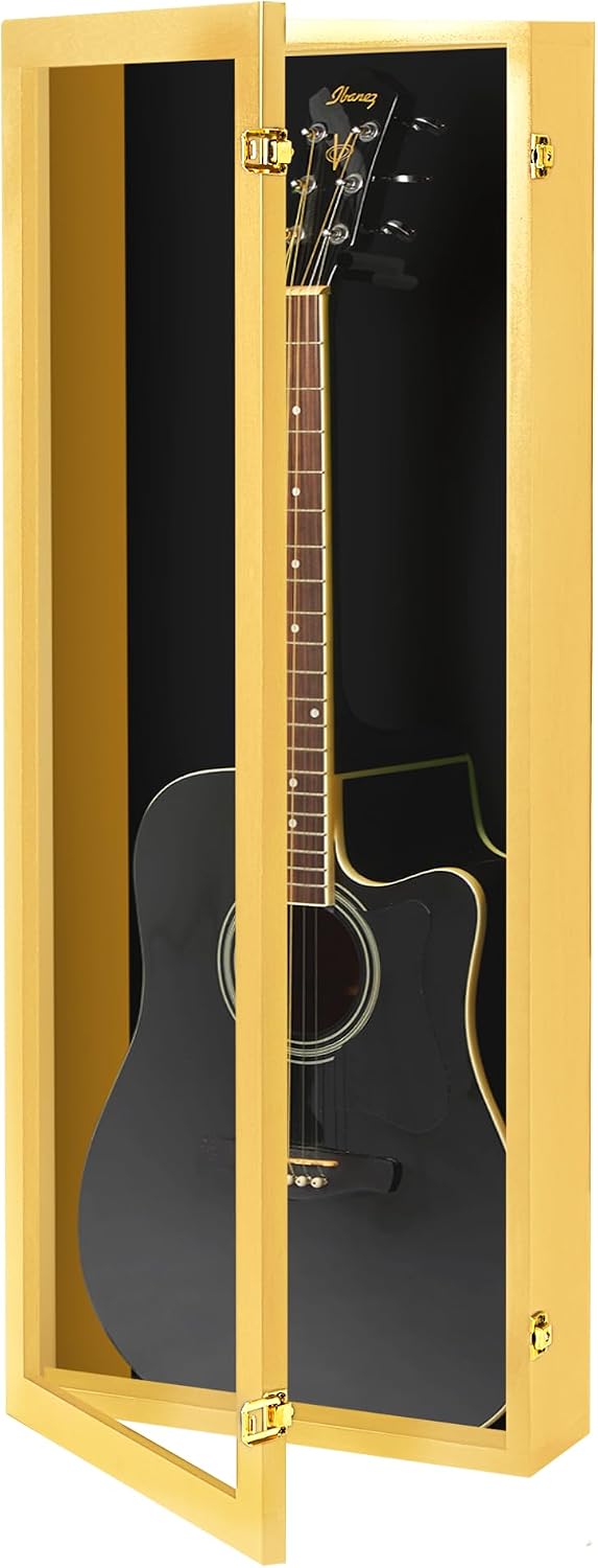 PENNZONI Acoustic Guitar Display Case - Acrylic Acoustic Guitar Case - Guitar Display Case Wall Mount Made from Hardwood Frame & Clear Acrylic - Golden Oak w/Black Felt