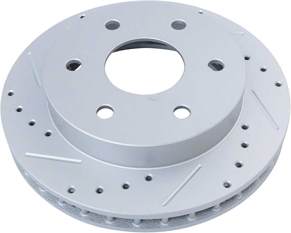 TRQ Performance Front Ceramic Brake Pad and Rotor Set Coated Drilled Slotted Compatible with 95-99 GMC Yukon 4 Wheel Drive with 295 mm Diameter Front Rotors