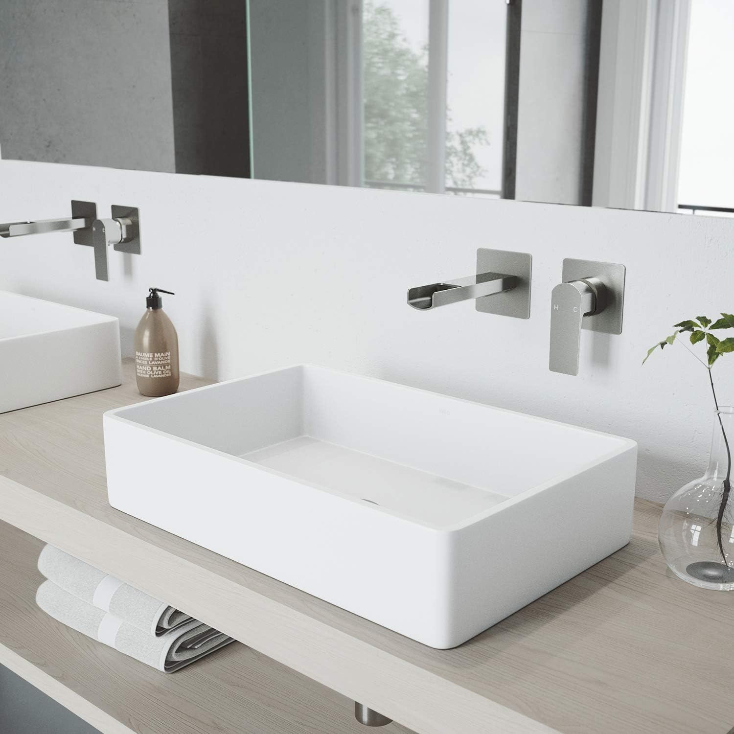 VIGO Atticus Waterfall Single-Handle Two-Hole Wall Mount Bathroom Sink Faucet, Brushed Nickel, Modern Design, Solid Brass, 1.2 GPM WaterSense & Ceramic Disc Valve, Corrosion-Resistant