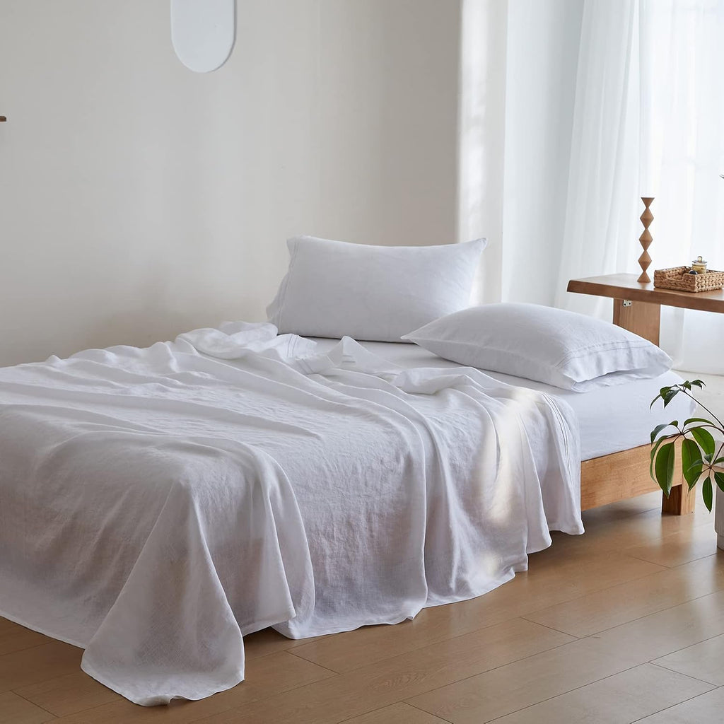 Simple&Opulence 100% Linen Sheet Set 4 Pieces Natural France Flax Bed Sheet (1 Flat Sheet, 1 Fitted Sheet, 2 Pillowcases) Breathable Luxury Hotel Bedding - Embroidery White, King Size