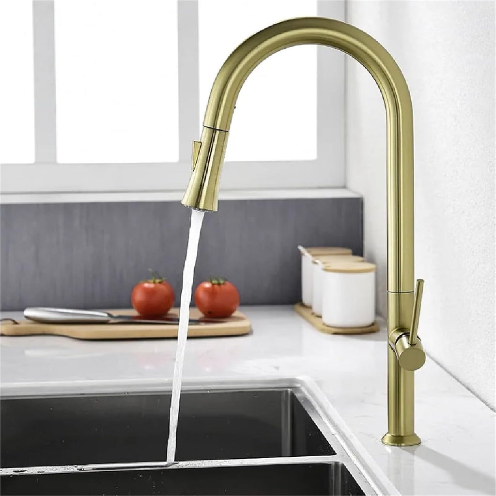 Pull Out Kitchen Sink Water Tap Single Handle Cold and Hot Water Mixer Tap 360 Rotation Kitchen Faucet(Brushed Gold)