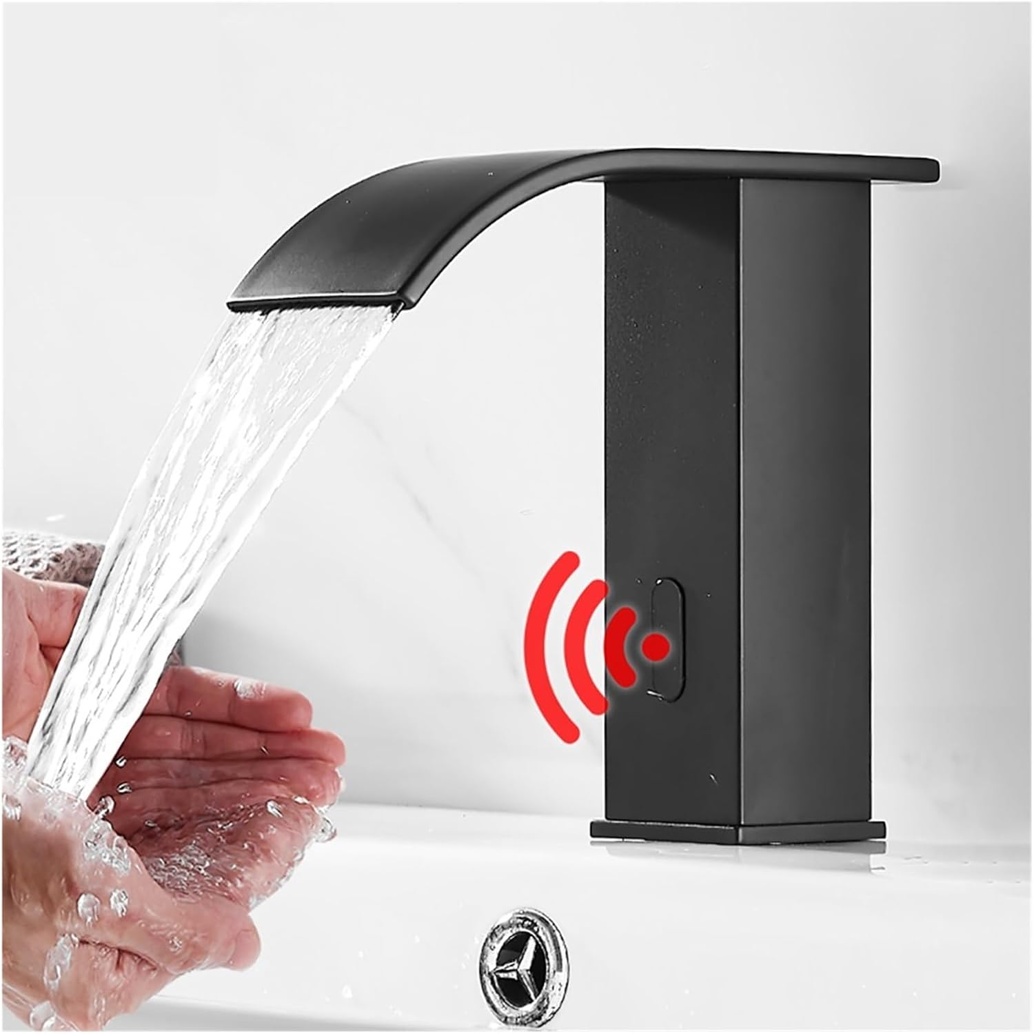 Black Smart Induction Waterfall Basin Automatic Induction Touch Sink Basin hot and Cold Faucet (Black Short B)