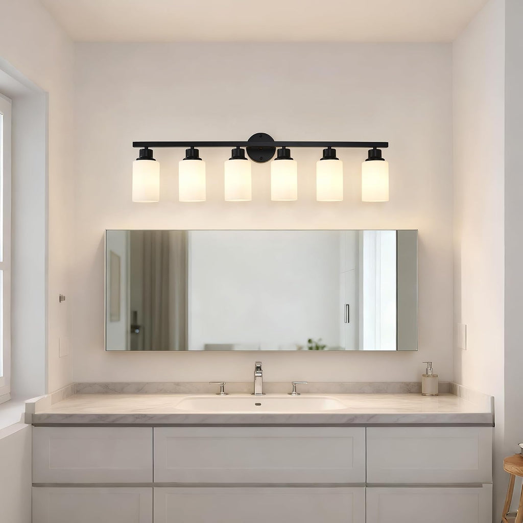 6-Light Matte Black Bathroom Vanity Light Modern Black Bathroom Light Fixtures Over Mirror Vintage Vanity Wall Sconce Light With White Glass Shade Wall Lamps For Living Room Bedroom Bulbs Not Included