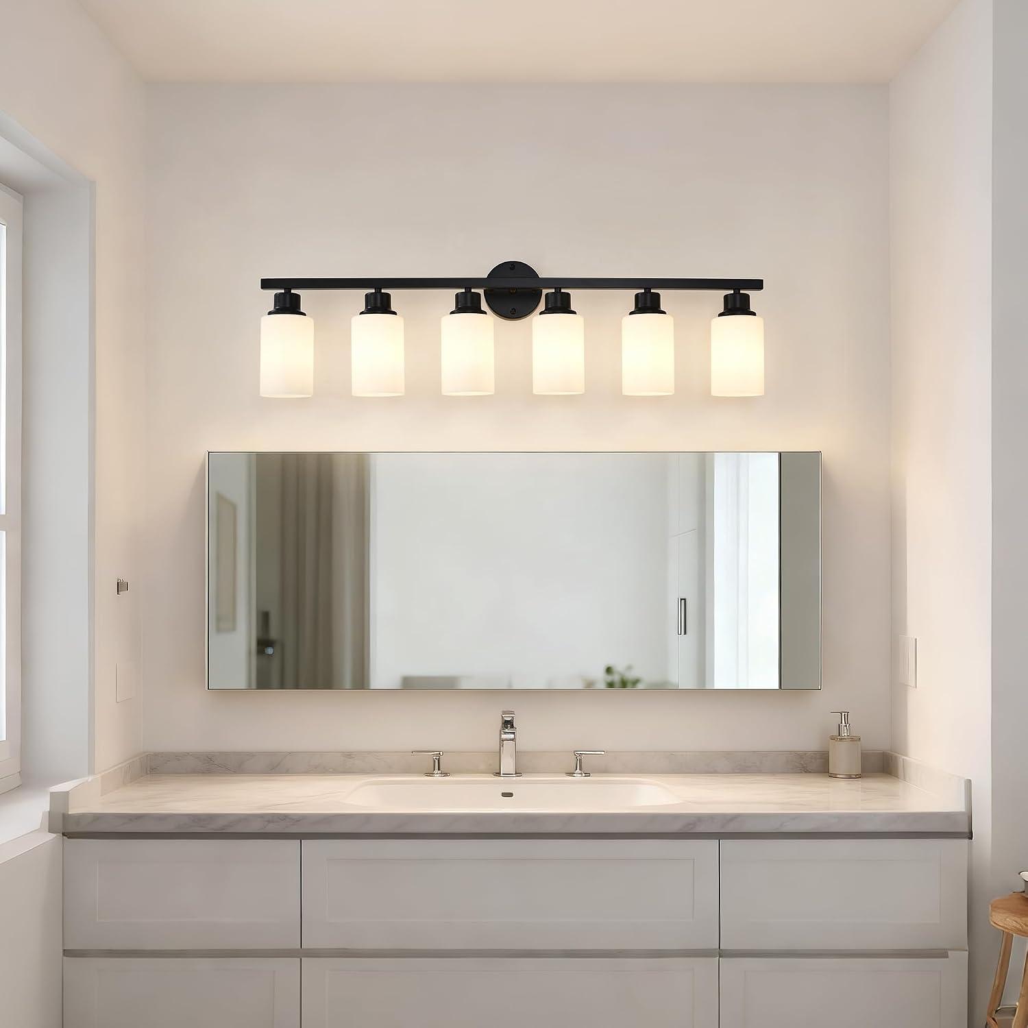 6-Light Matte Black Bathroom Vanity Light Modern Black Bathroom Light Fixtures Over Mirror Vintage Vanity Wall Sconce Light With White Glass Shade Wall Lamps For Living Room Bedroom Bulbs Not Included