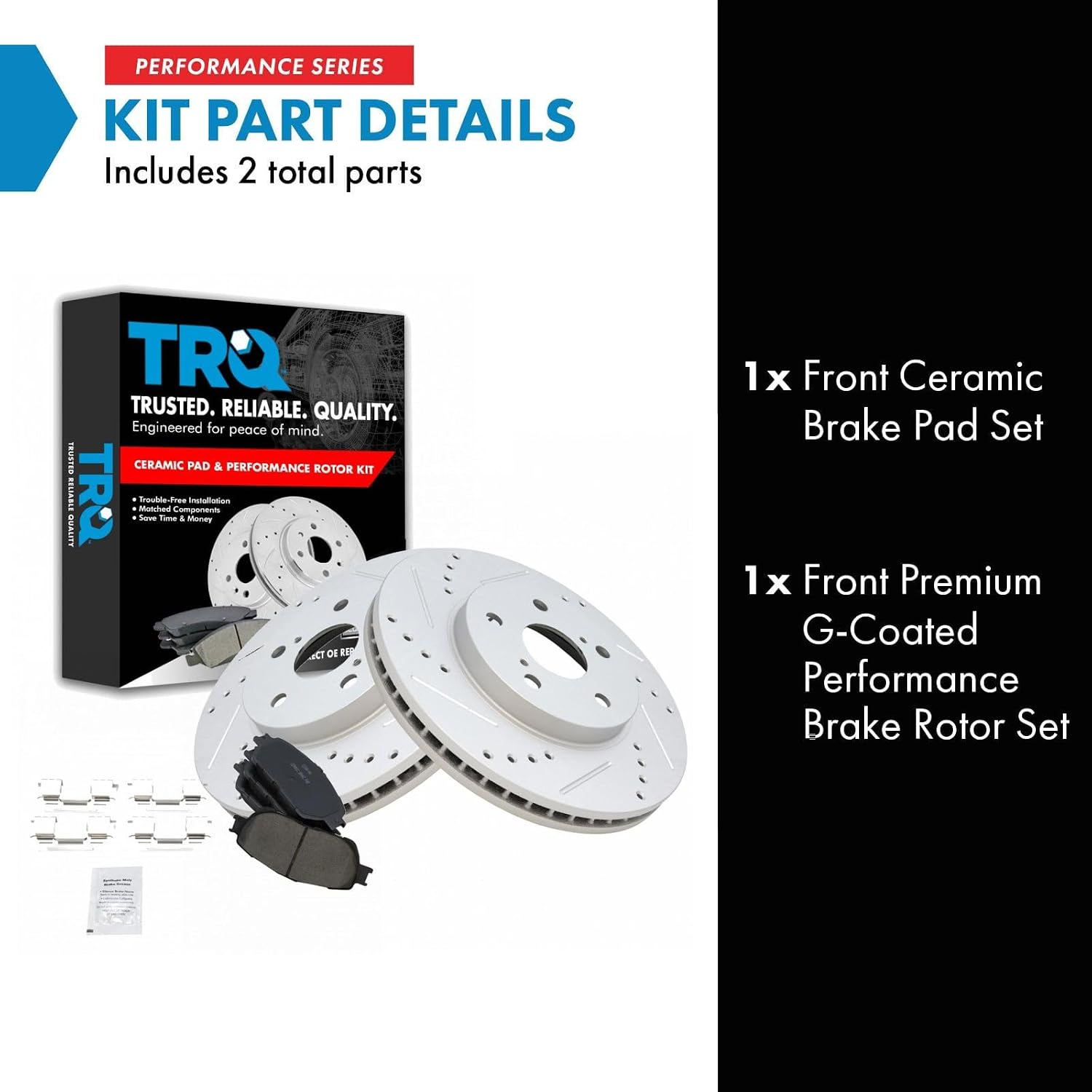 TRQ Performance Front Brake Pad and Rotor Set Ceramic Drilled Slotted Coated Vented Rotors Compatible with 02-03 Lexus ES300 04-10 Toyota Sienna 05-07 Avalon 05-06 Camry 04-08 Solara