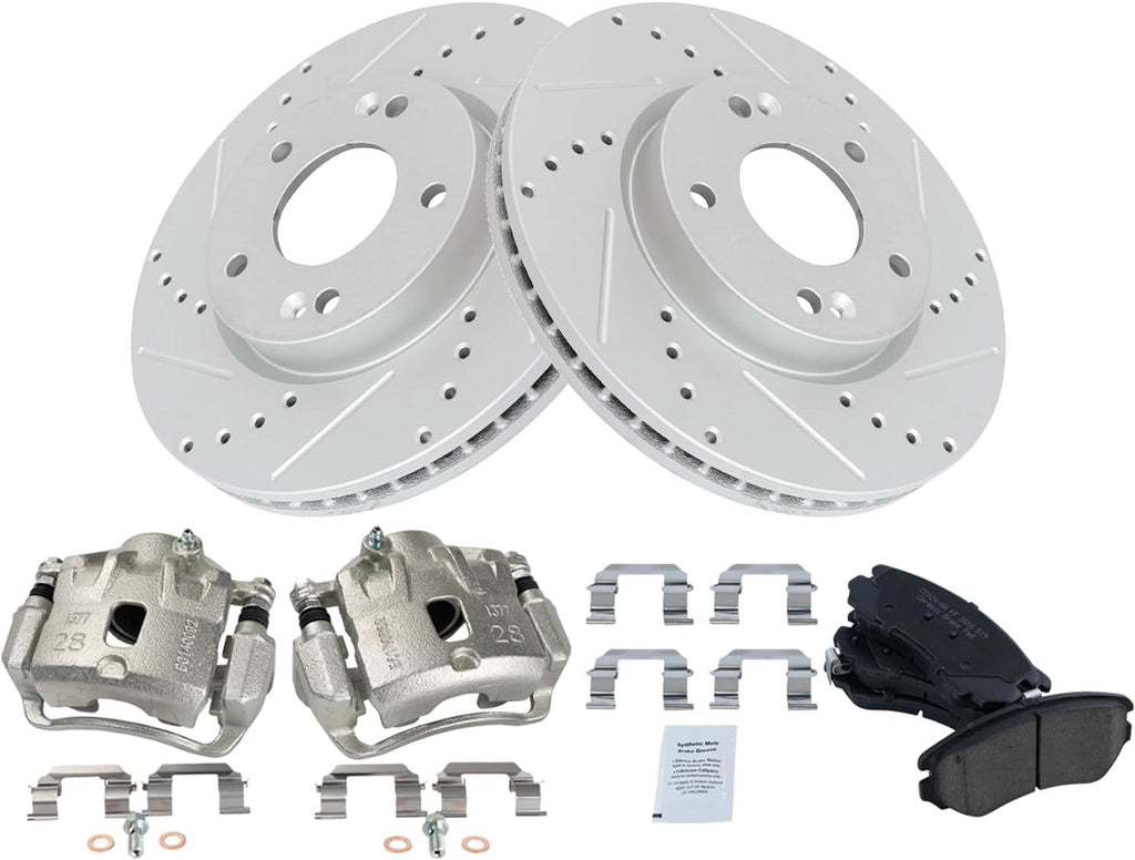 TRQ Performance Front Brake Pad and Rotor Set Ceramic Coated Drilled Slotted Vented Rotors Calipers Compatible with 2005-2009 Hyundai Tucson 2005-2010 Kia Sportage
