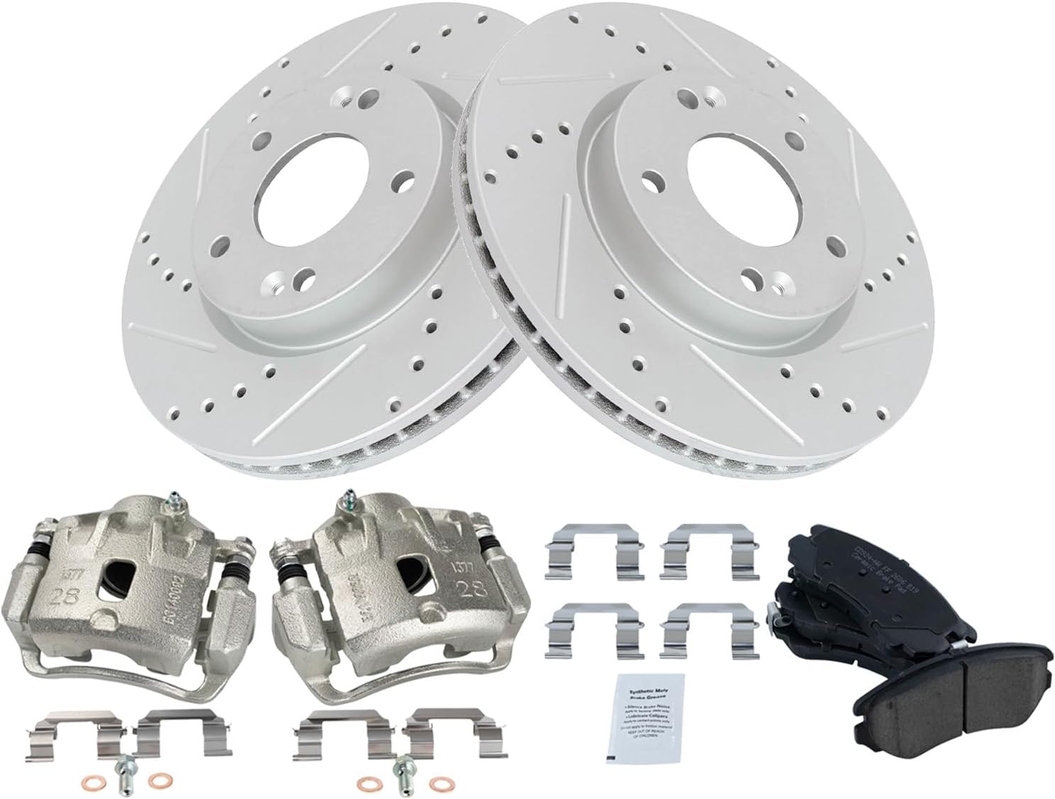 TRQ Performance Front Brake Pad and Rotor Set Ceramic Coated Drilled Slotted Vented Rotors Calipers Compatible with 2005-2009 Hyundai Tucson 2005-2010 Kia Sportage