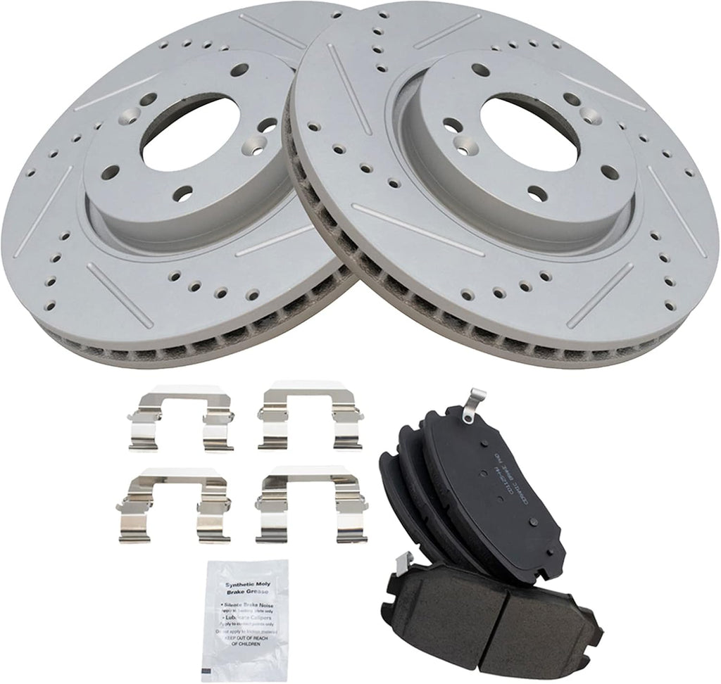 TRQ Performance Front Ceramic Brake Pad and Rotor Set Coated Drilled Slotted Compatible with 2008-2010 Hyundai Sonata V6 3.3L 2006 Hyundai Sonata V6 3.3L 2007 Limited 2007 SE