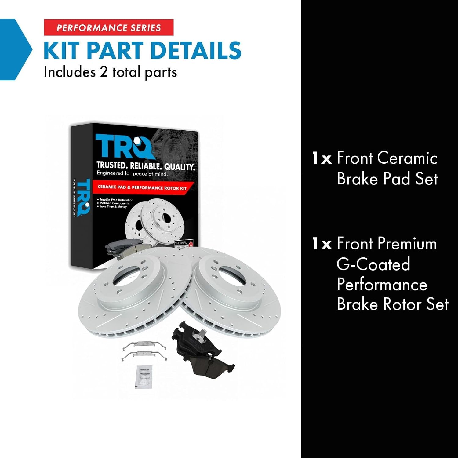 TRQ Performance Front Brake Pad and Rotor Set Ceramic Coated Drilled Slotted Vented Rotors Compatible with 2001-2006 BMW 330Ci 2001-2005 330i 330xi 2006-2008 Z4