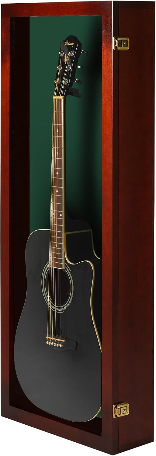 PENNZONI Acoustic Guitar Display Case - Acrylic Acoustic Guitar Case - Guitar Display Case Wall Mount Made from Hardwood Frame & Clear Acrylic - Cherry w/ Felt Green