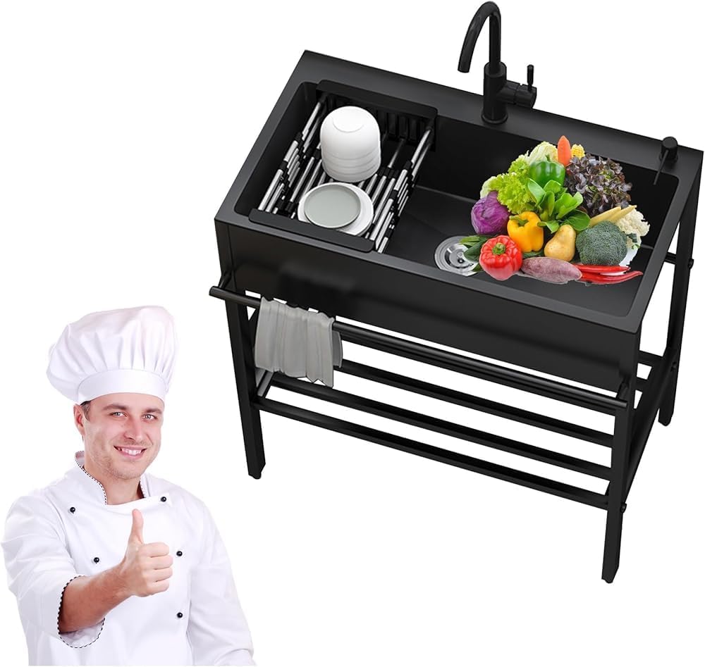 Black Stainless Steel Utility Sink With Hot & Cold Water Faucet,Drain Basket,Soap Dispenser - Freestanding Single Bowl Kitchen/Laundry Sink WITH/ Drain Strainer Set & Storage(Size:55*45cm,Color:Black)