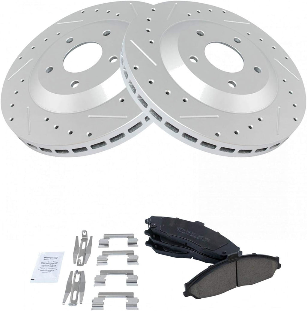 TRQ Performance Front Brake Pad and Rotor Set Ceramic Drilled Slotted G Coated Vented Rotors Compatible with 1997-2004 Chevrolet Corvette