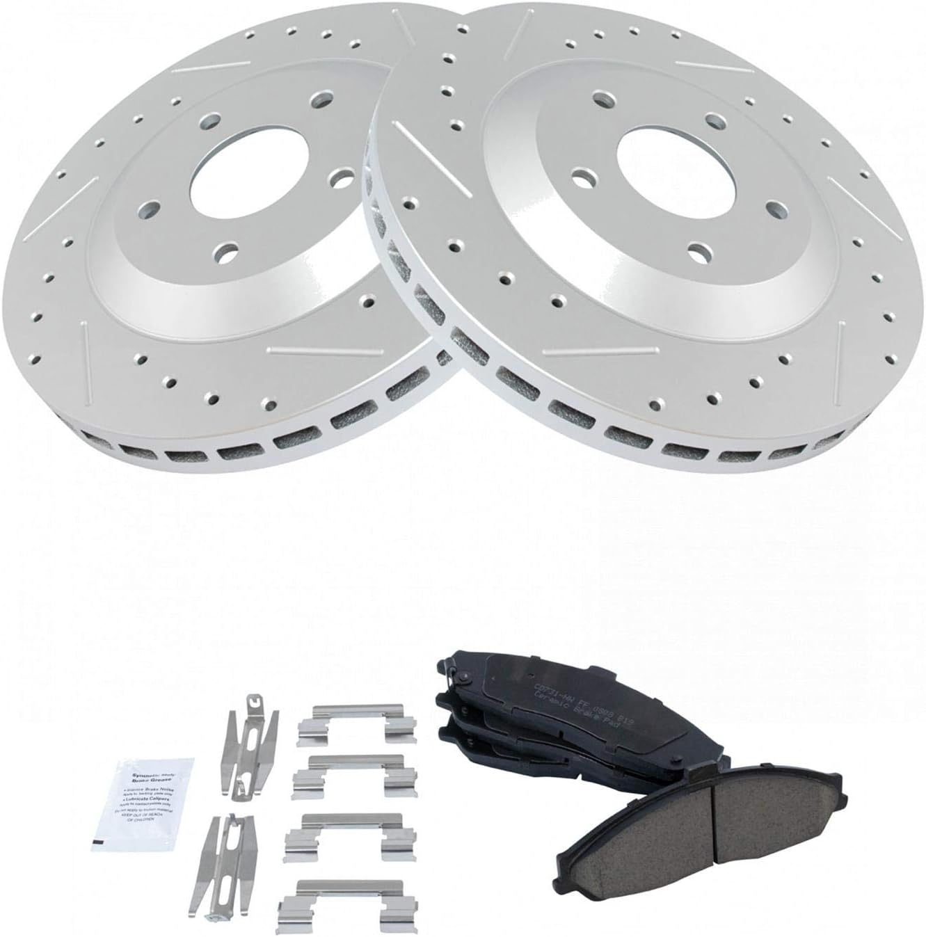 TRQ Performance Front Brake Pad and Rotor Set Ceramic Drilled Slotted G Coated Vented Rotors Compatible with 1997-2004 Chevrolet Corvette