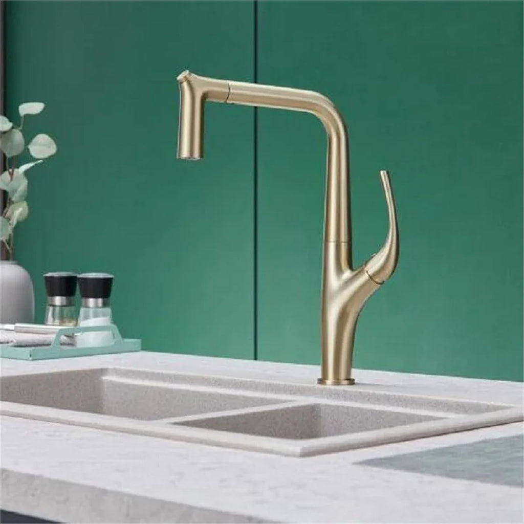 Kitchen Faucet Pull Out Single Lever Brass Rotation Hot and Cold Water Saving Decked Sink Mixer Tap(Brush Gold)