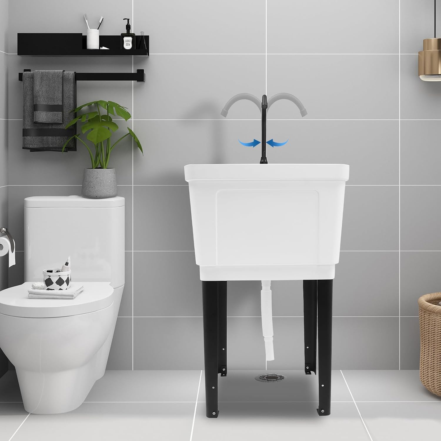 Freestanding Space Saver Utility Sink 19.68 * 19 * 33.07in kitchen Sink with Washboard Utility Sink with Cold and Hot Water Faucet, Hoses and Soap Dispenser for Laundry Room, Garage, Basement (White)