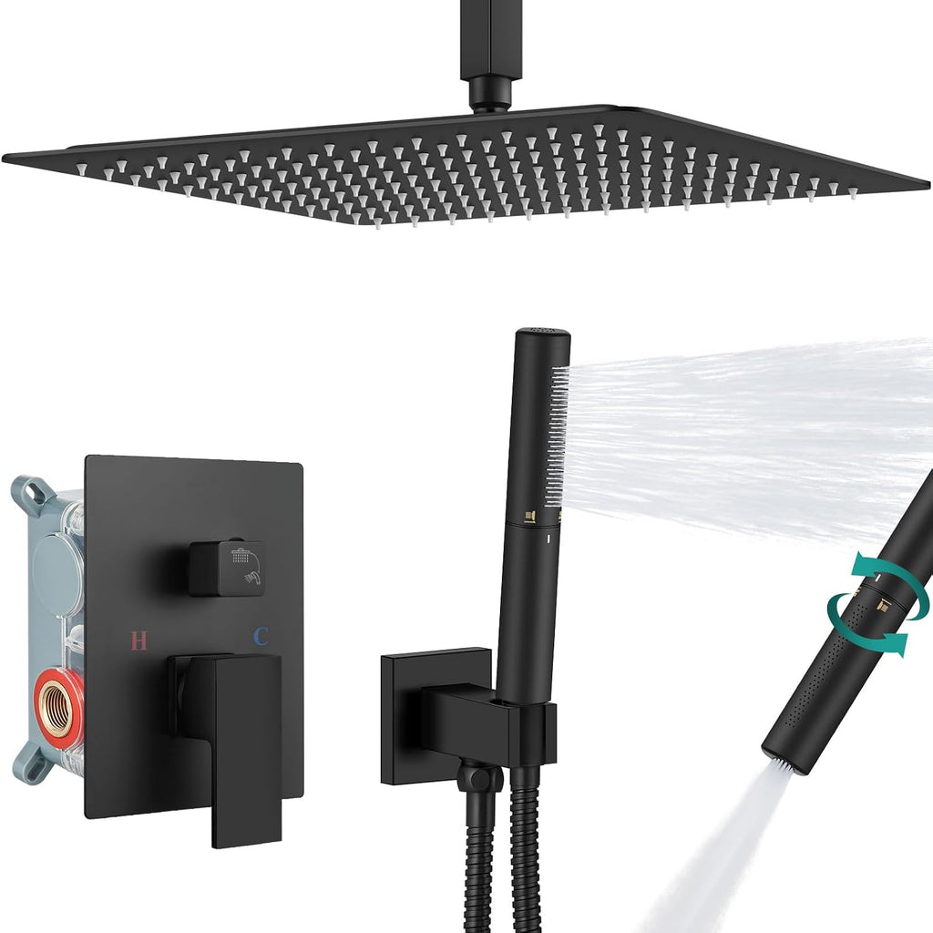 Aolemi Ceiling Mount Shower Faucet Set,Shower System Rain Showerhead and Handheld Spray Combo High-Pressure Showerheads Set with Valve and Trim Kit Rough-in Valve,16 Inch Matte Black