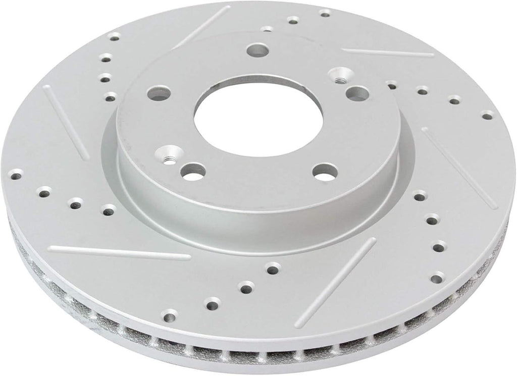 TRQ Performance Front Brake Pad and Rotor Set Ceramic Drilled Slotted Coated Vented Rotors Compatible with 2003-2008 Hyundai Tiburon 2005-2009 Tucson 2005-2010 Kia Sportage