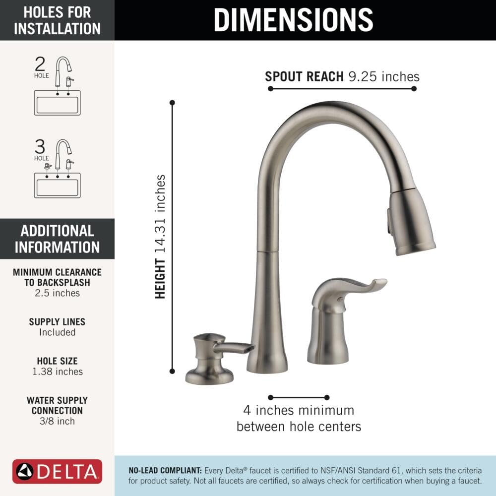 Delta Kate Brushed Nickel Kitchen Faucet with Pull Down Sprayer and Soap Disperser, Modern Two Hole Kitchen Sink Faucet, Single Handle, Stainless 16970-SSSD-DST