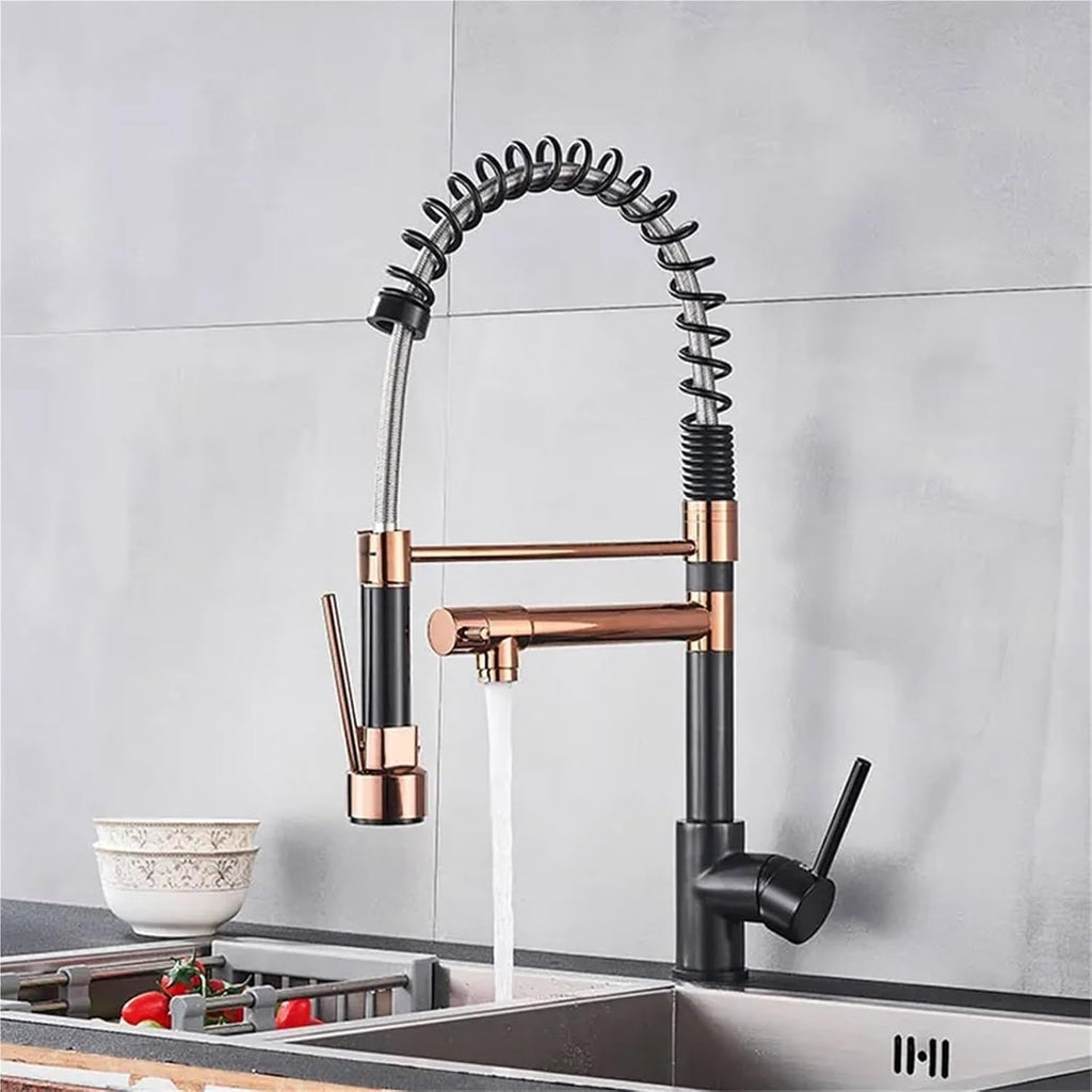 Kitchen Spring Faucet Pull Down Pull Out Dual Spouts 360 Rotation Cold and Hot Water Single Handle Mixer Tap(ORB Rose Gold Long A)