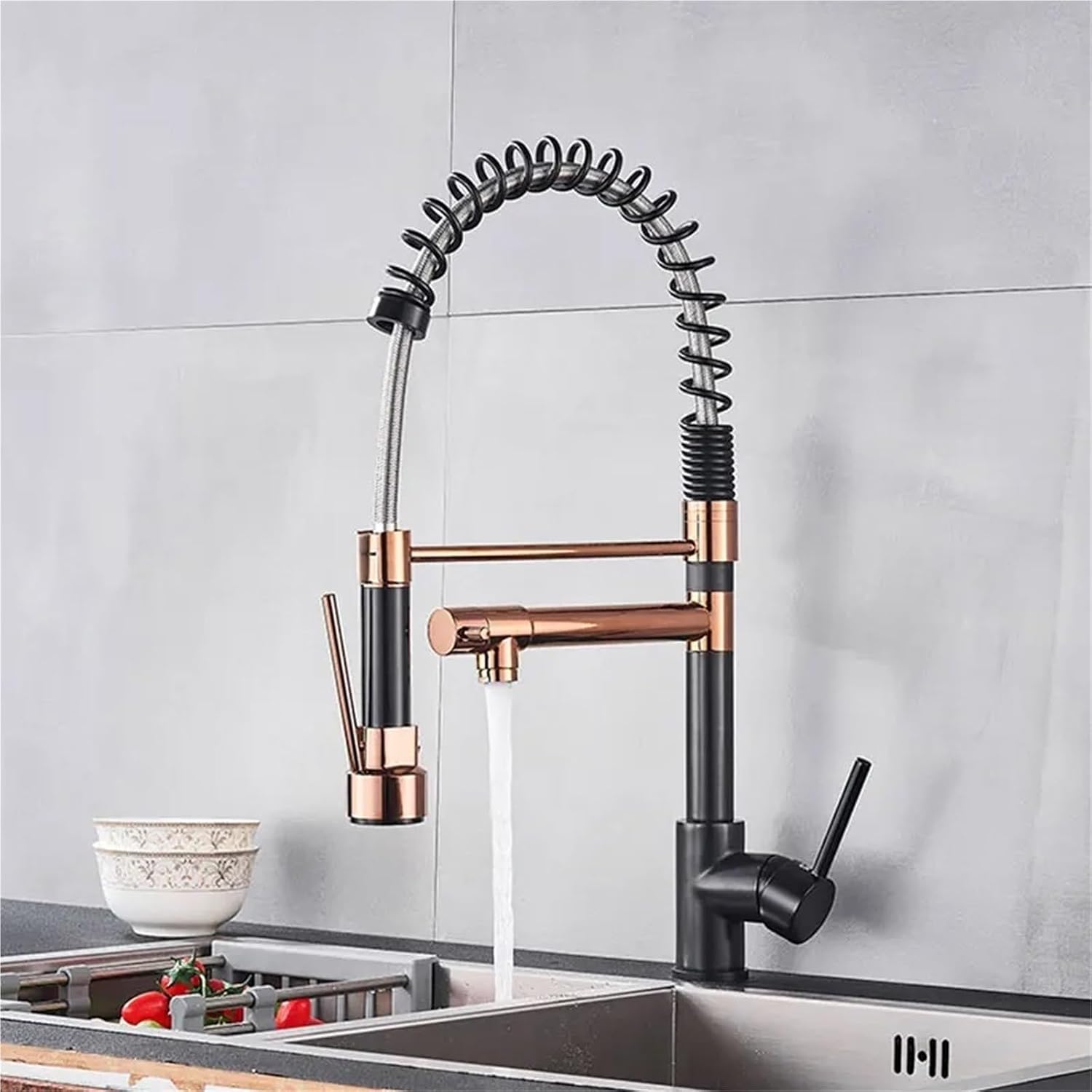 Kitchen Spring Faucet Pull Down Pull Out Dual Spouts 360 Rotation Cold and Hot Water Single Handle Mixer Tap(ORB Rose Gold Long A)