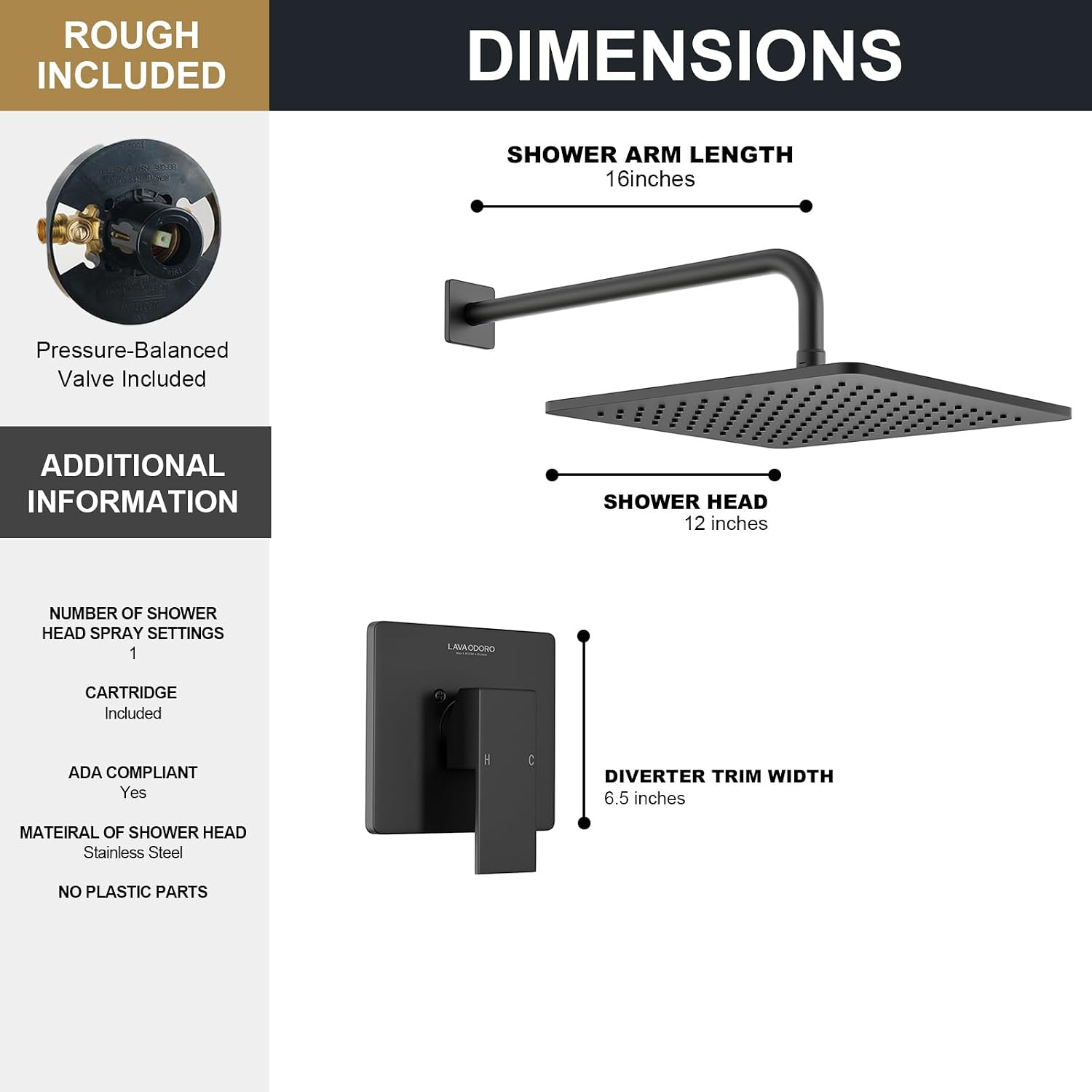 Lava Odoro 12-inch Modern Square Shower Faucet Set Matte Black, Shower Trim Kit with Rough-in Valve High Pressure Black Rainfall Shower Head and Handle Set, (Valve Included), SF106-MB
