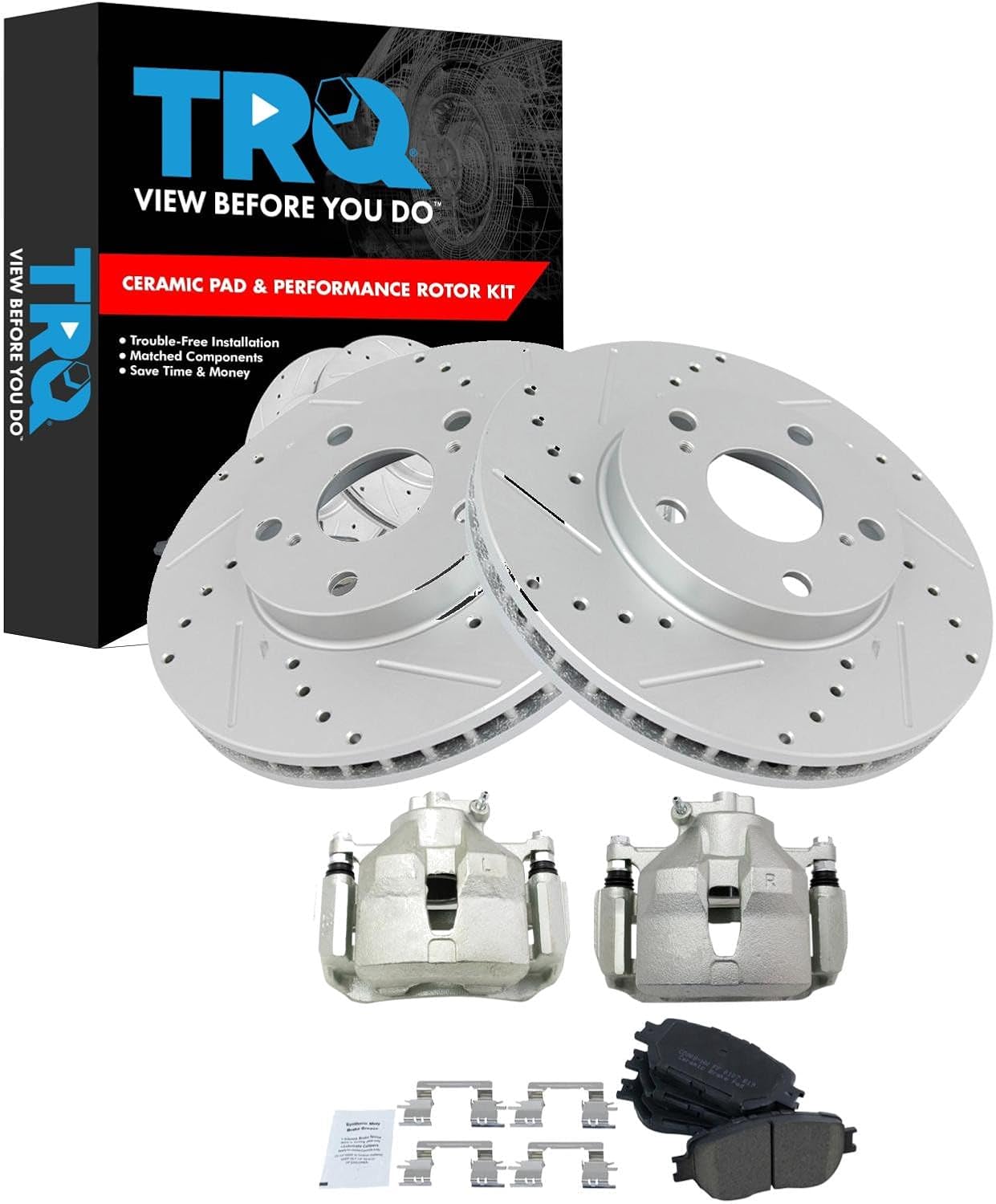 TRQ Performance Front Brake Pad and Rotor Set Ceramic Coated Drilled Slotted Vented Rotors Calipers Compatible with 2002-2006 Toyota Camry