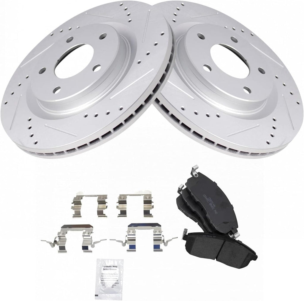 TRQ Performance Front Ceramic Brake Pad and Rotor Set Coated Drilled Slotted Compatible with 11-13 Nissan Juke, 14-17 Nissan Juke S SV SL Nismo, 17-19 Sentra SR Turbo Nismo