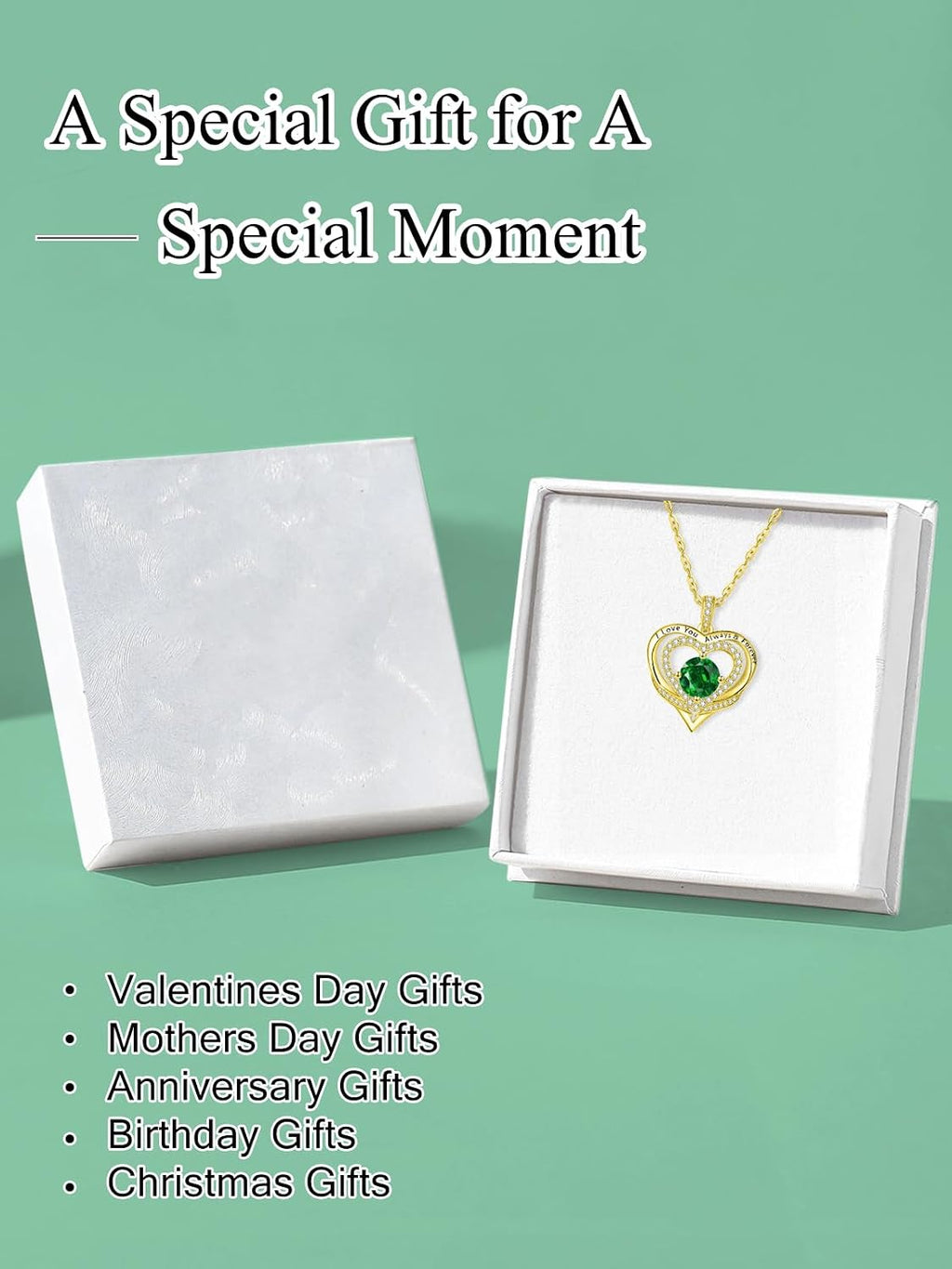 14K Gold Heart Necklaces for Women with Birthstone Pendant ，Double Hearts Necklace Jewelry Gift for Girlfriend Mom Anniversary Birthday Adjustable Chain 18' + 2' 'I Love You Always & Forever