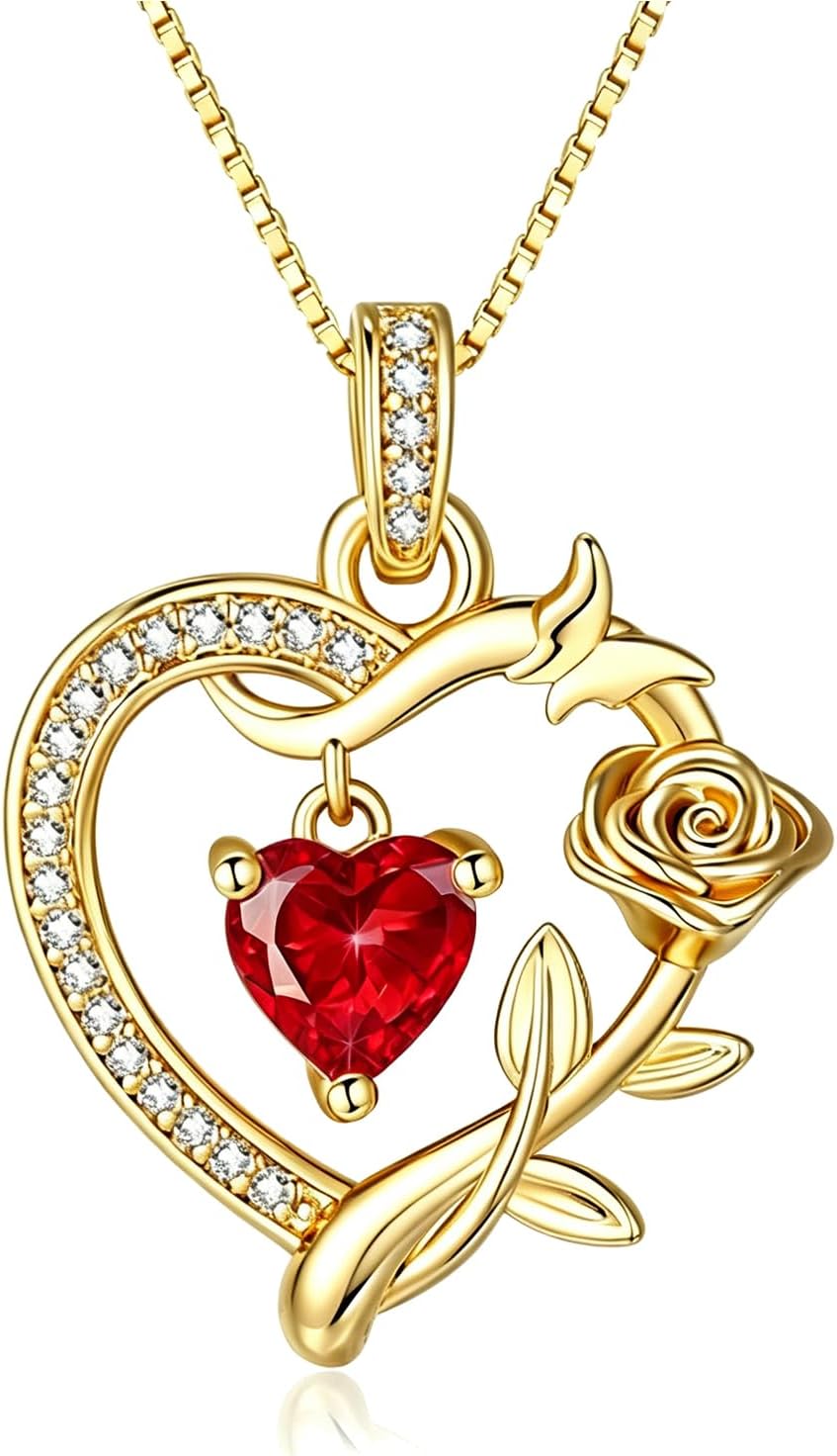 HeartMelody Heart Necklaces for Women Gold,14k 18K White Gold Plated Dainty Rose Butterfly Necklace with Garnet Birthstone Pendant Necklace Everyday Jewelry Birthday Christmas Gifts for Women Mom Her