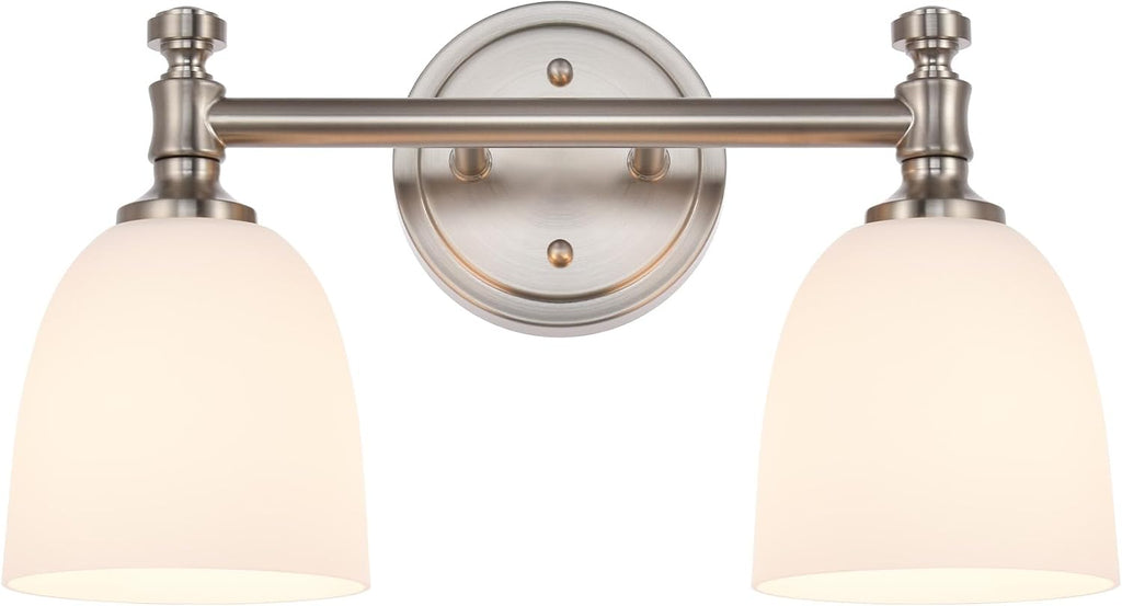 Bathroom Light Fixtures, Brushed Nickel 2-Light Bathroom Vanity Light Fixtures Over Mirror, Vintage Vanity Lights for Bathroom Living Room, Milk White Glass Shades , Standard E26 Base, Brushed Nickel