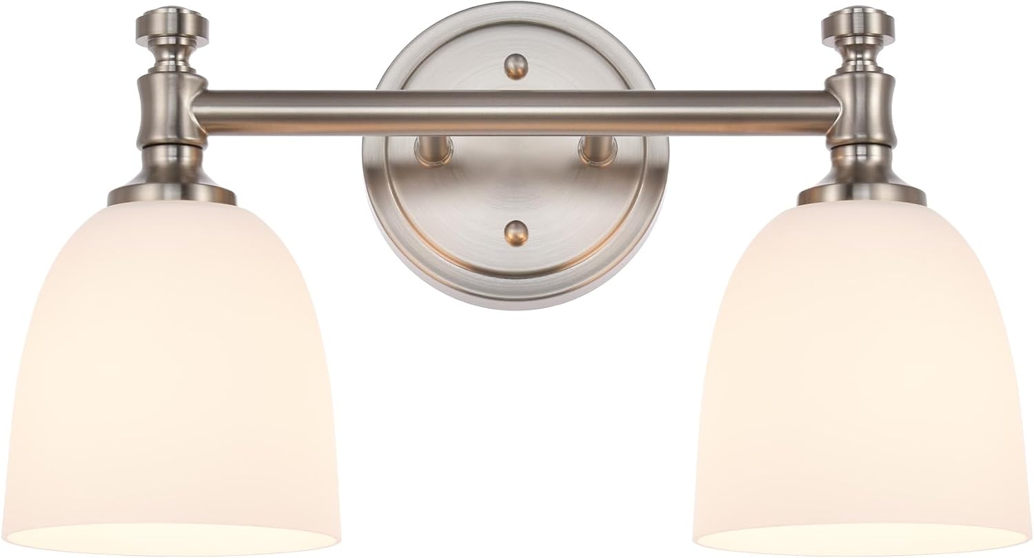 Bathroom Light Fixtures, Brushed Nickel 2-Light Bathroom Vanity Light Fixtures Over Mirror, Vintage Vanity Lights for Bathroom Living Room, Milk White Glass Shades , Standard E26 Base, Brushed Nickel