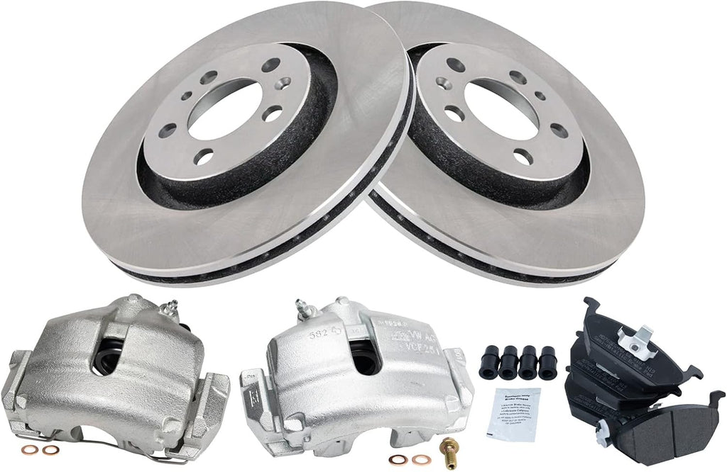 TRQ Front Brake Pad and Rotor Set Semi Metallic Vented Rotors Calipers Compatible with 2005 Volkswagen Jetta