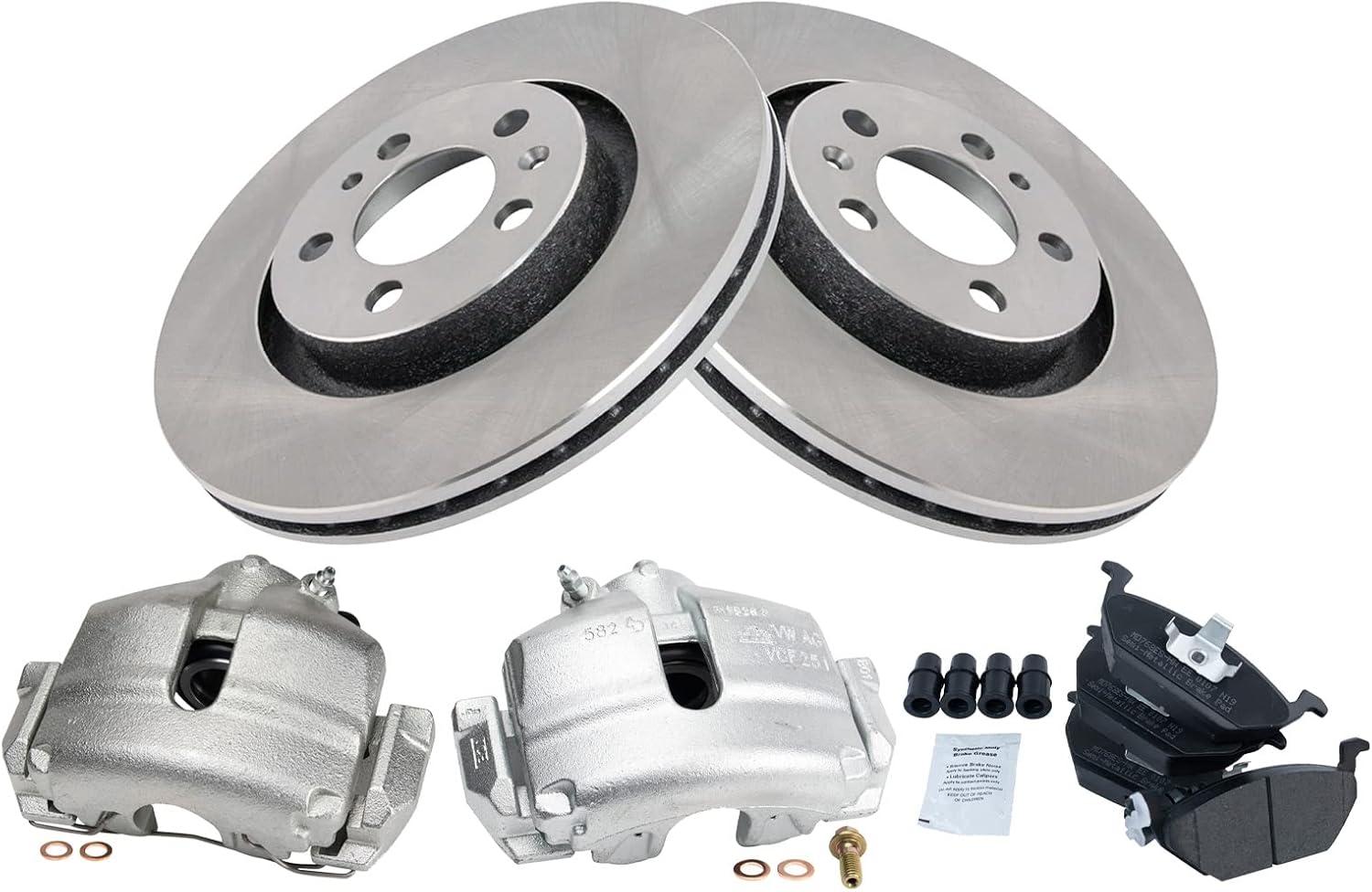 TRQ Front Brake Pad and Rotor Set Semi Metallic Vented Rotors Calipers Compatible with 2005 Volkswagen Jetta