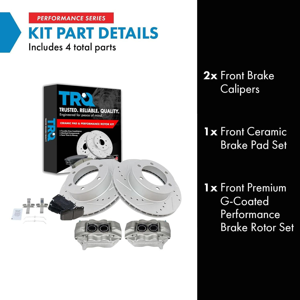TRQ Performance Front Brake Pad and Rotor Set Ceramic Vented Coated Rotors Calipers Compatible with 2004 Toyota Tacoma
