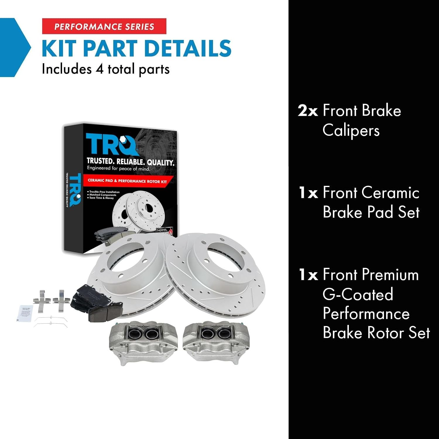 TRQ Performance Front Brake Pad and Rotor Set Ceramic Vented Coated Rotors Calipers Compatible with 2004 Toyota Tacoma