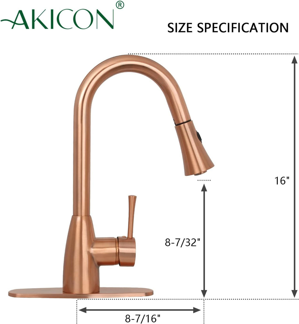 Akicon Copper Kitchen Faucet with Soap Dispenser, Single Handle Solid Brass High Arc Pull Down Sprayer Head Kitchen Sink Faucets with Deck Plate AK96455