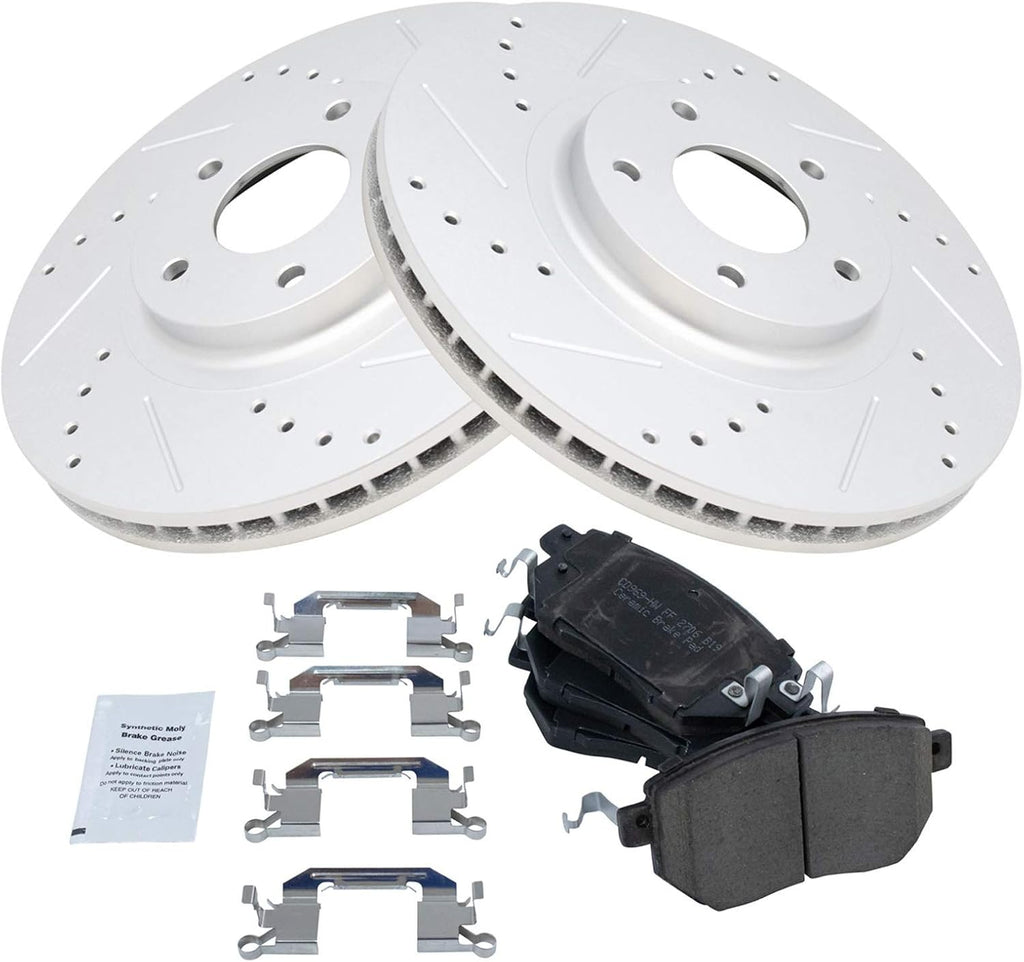 TRQ Performance Front Brake Pad and Rotor Set Ceramic Drilled Slotted G Coated Vented Rotors Compatible with 2003-2007 Nissan Murano