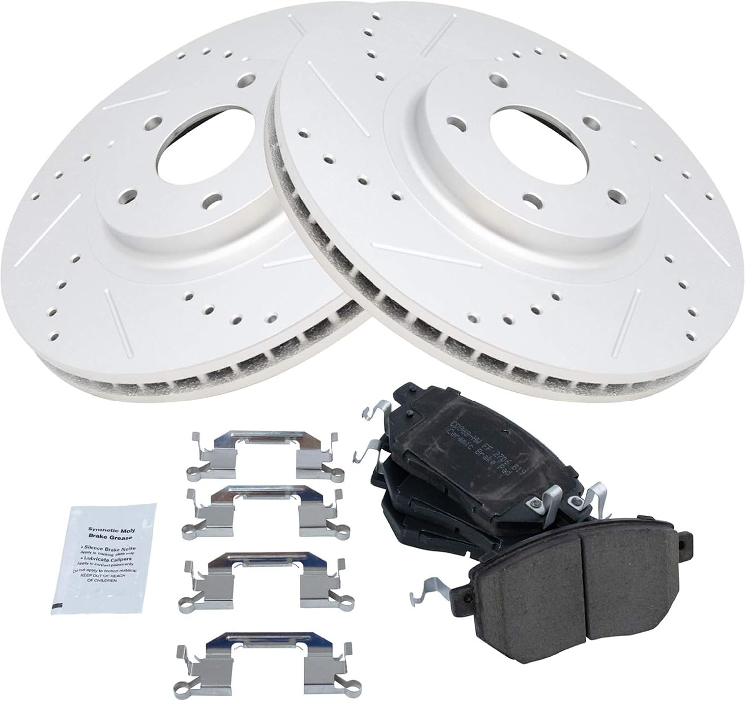 TRQ Performance Front Brake Pad and Rotor Set Ceramic Drilled Slotted G Coated Vented Rotors Compatible with 2003-2007 Nissan Murano