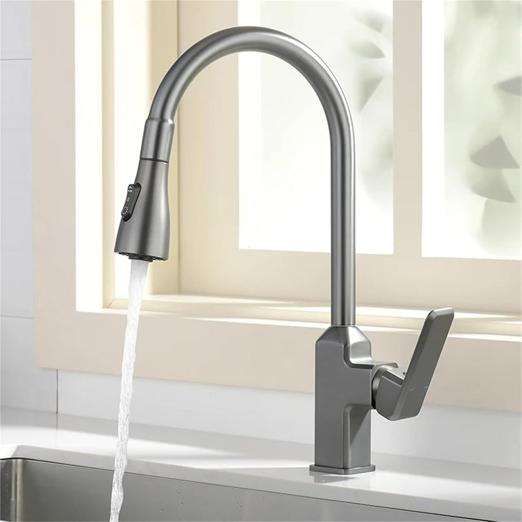 Kitchen Faucet Black Pull Out Deck Mounted 360 Rotation Brass Mixer Hot Cold Water Sink Taps(Gray)