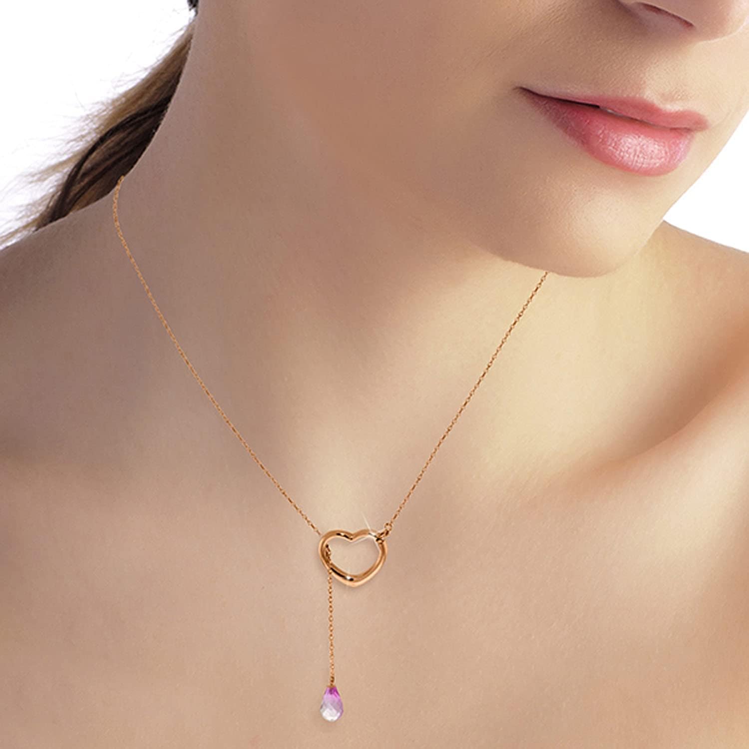 Galaxy Gold GG 14K Gold Open Heart with Genuine Pink Topaz Drop Pendant Necklace